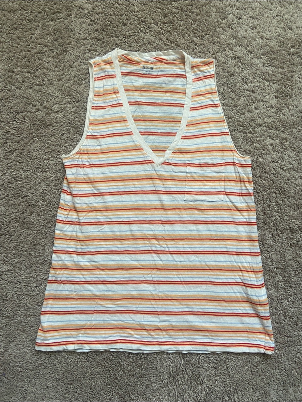 Madewell Striped V-Neck Sleeveless Tank Top - White with Orange & Red Stripes